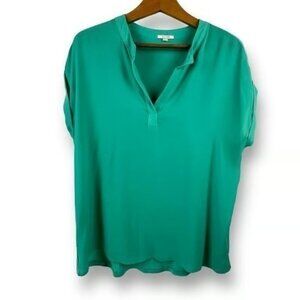 Pleione Women's Size L Notch Collar Rolled Short Sleeve Blouse Maldives Green